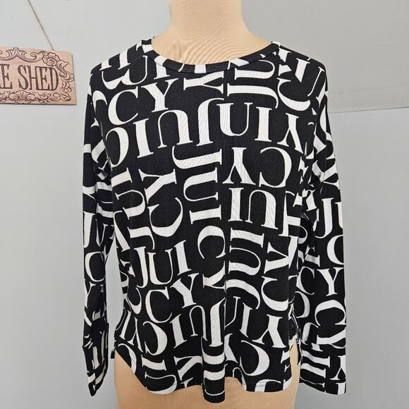 Juicy Couture Black White Letter Print Long Sleeve Top Knit Large Spellout - Picture 2 of 15